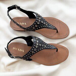 Prada Studded T-Strap Sandals, size 40